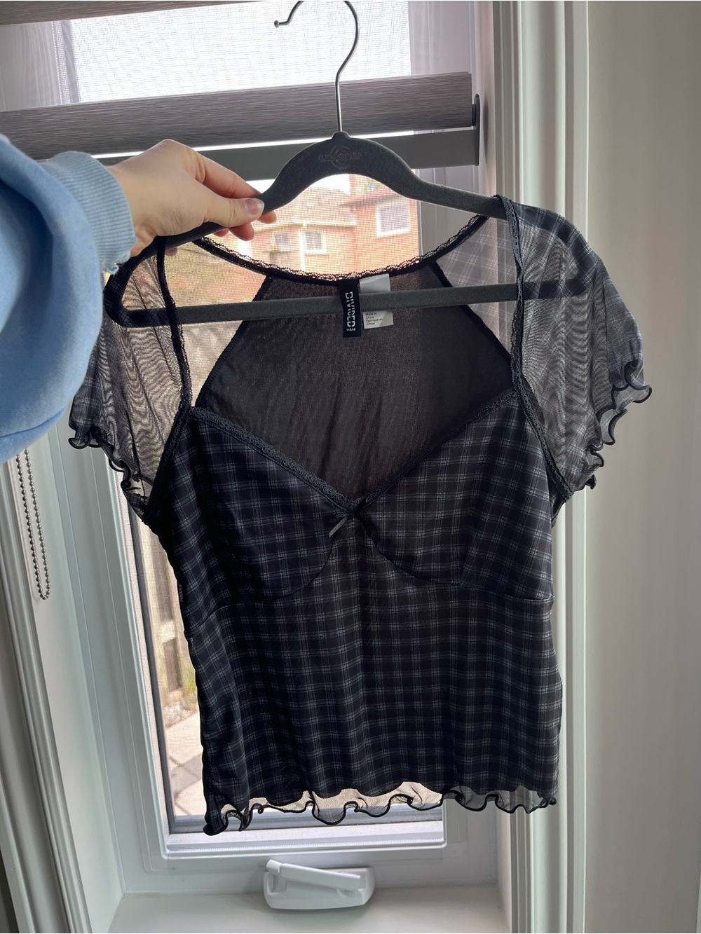 Black Plaid Mesh Top
